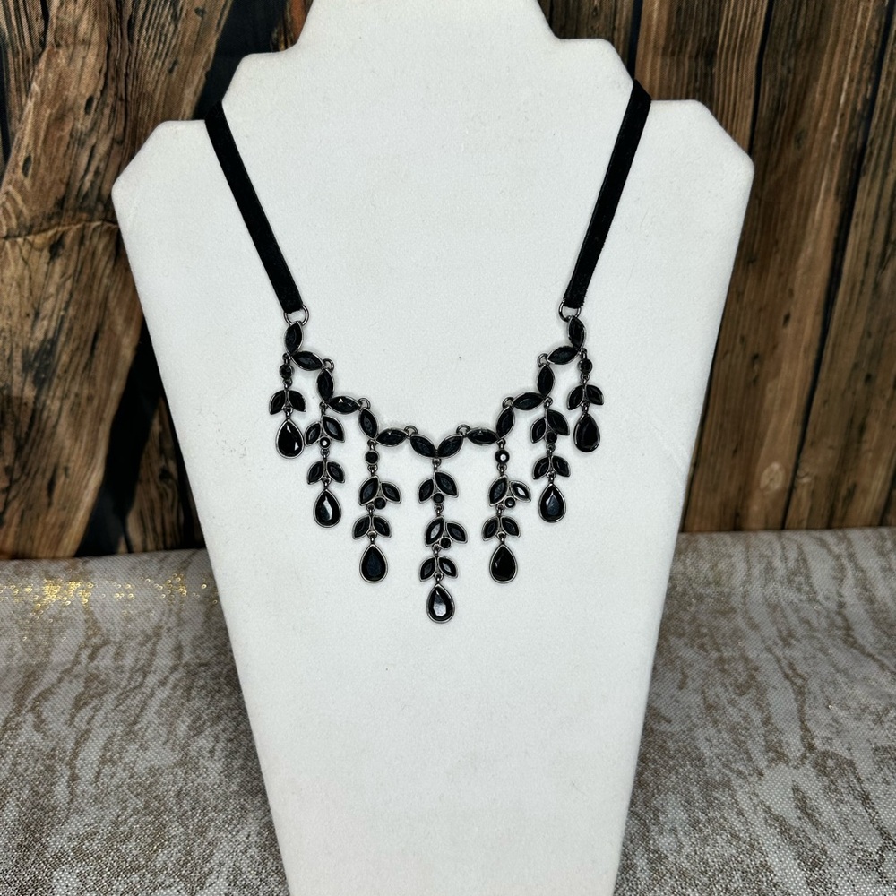 Dramatic Black velvet Beaded Necklace with Cascading Design